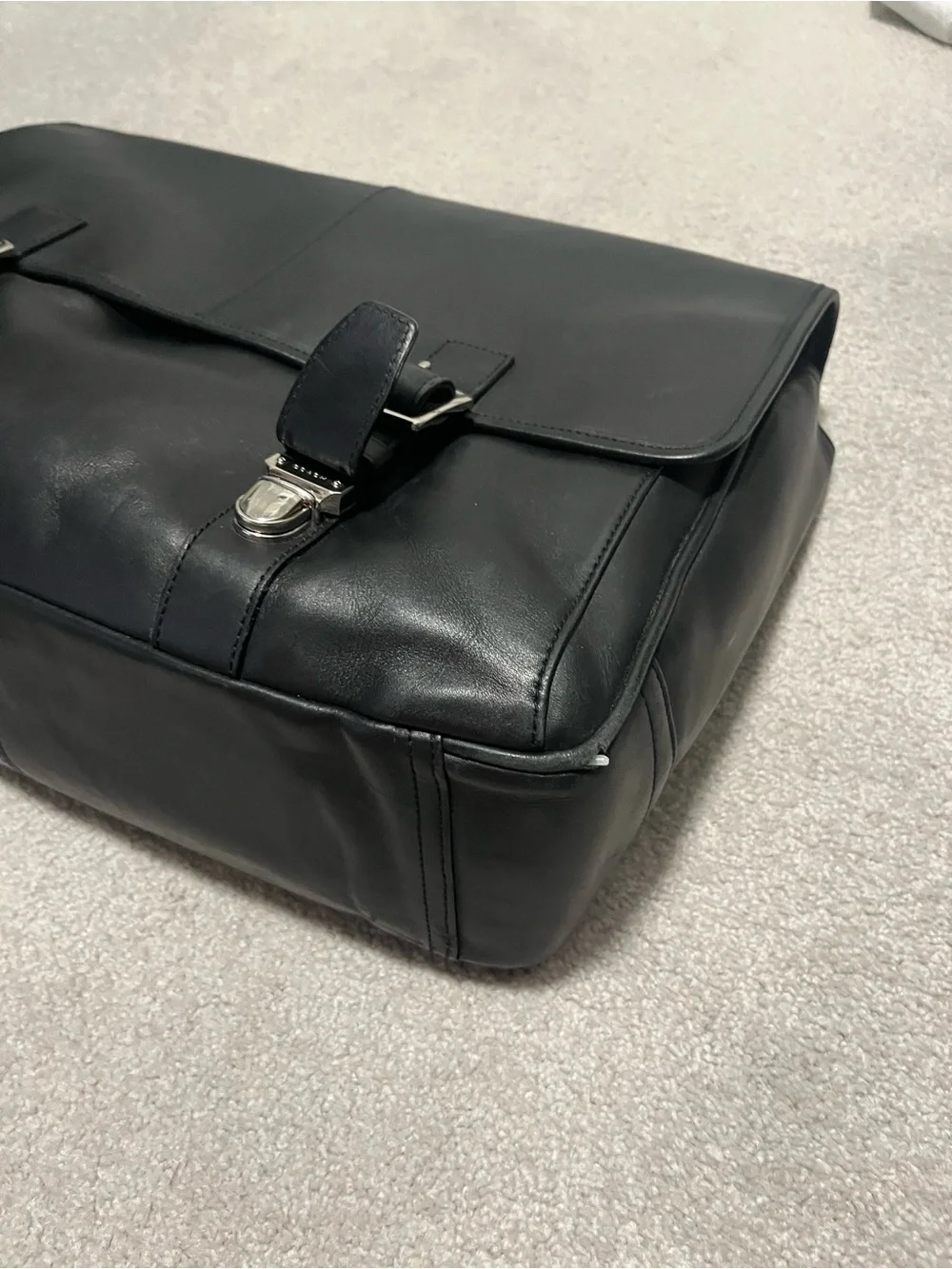 Black Men's Leather Messenger Bag - Classic Buckle Design